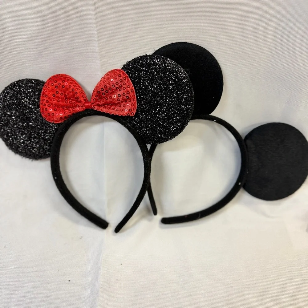 Mickey &‎ Minnie Mouse Ear Headbands 2 Piece Set Black Ears Red Bow